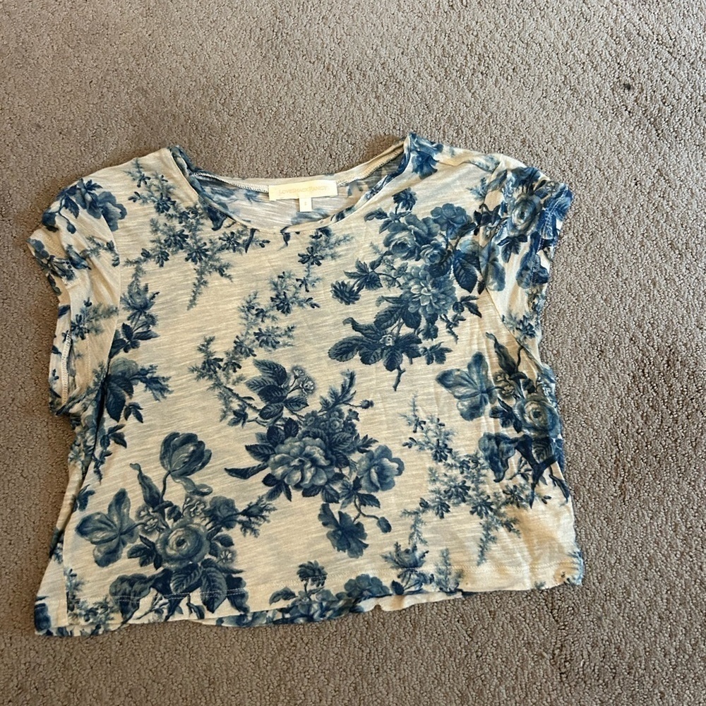 LoveShackFancy Blue and Cream Floral Top